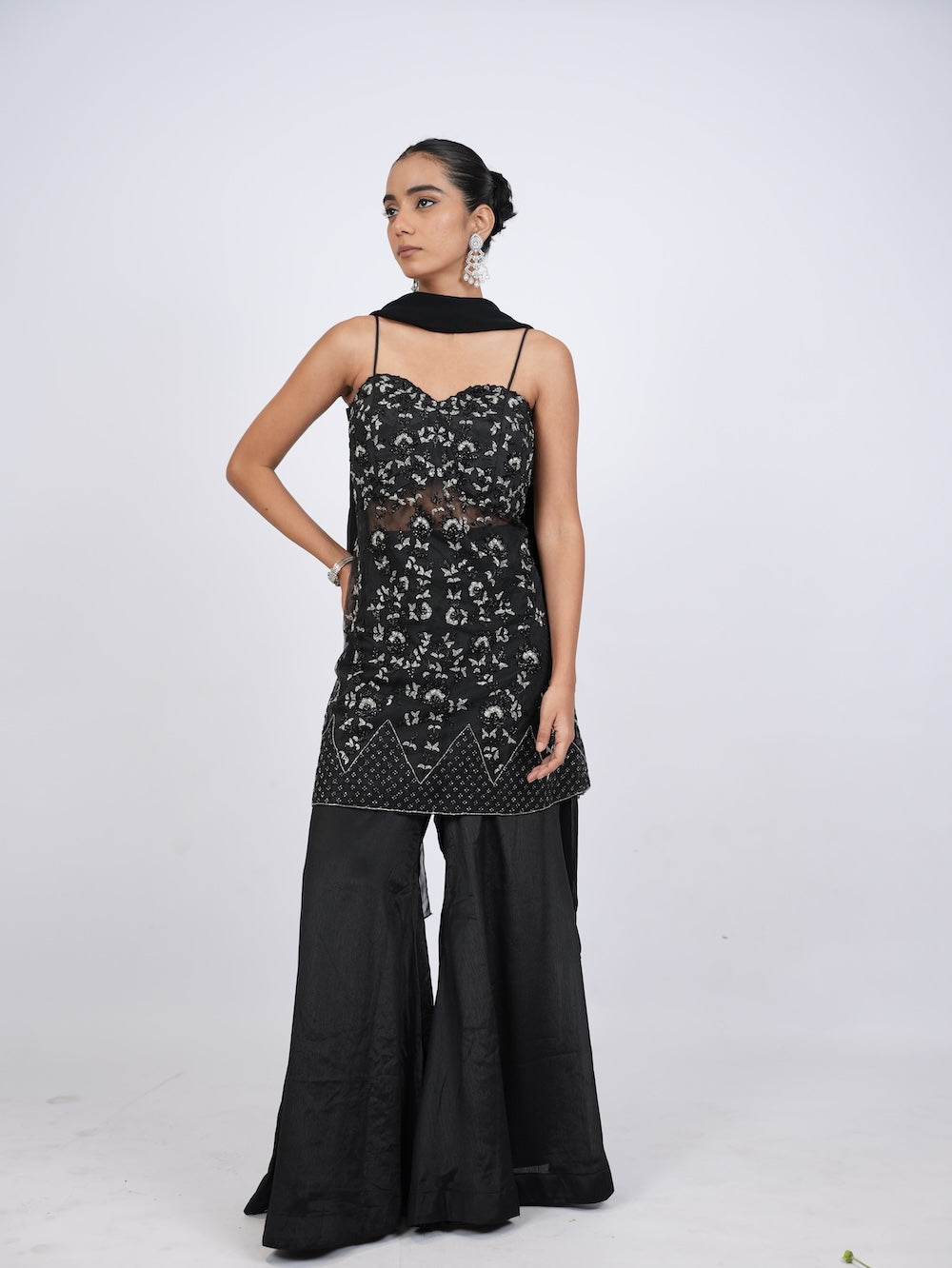 Black Embellished Kurti and Palazzo Set with Dupatta