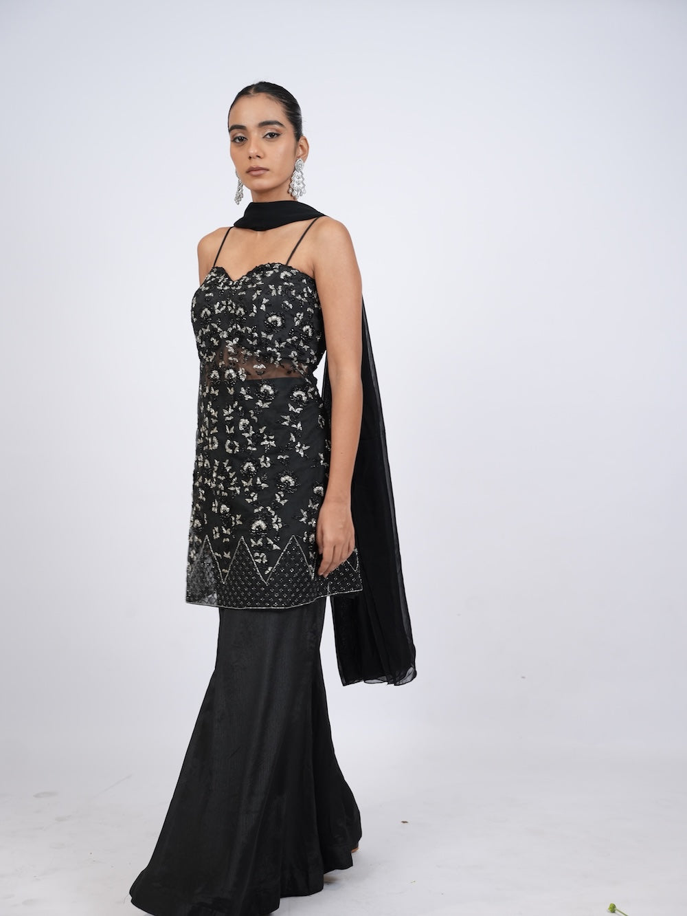 Black Embellished Kurti and Palazzo Set with Dupatta