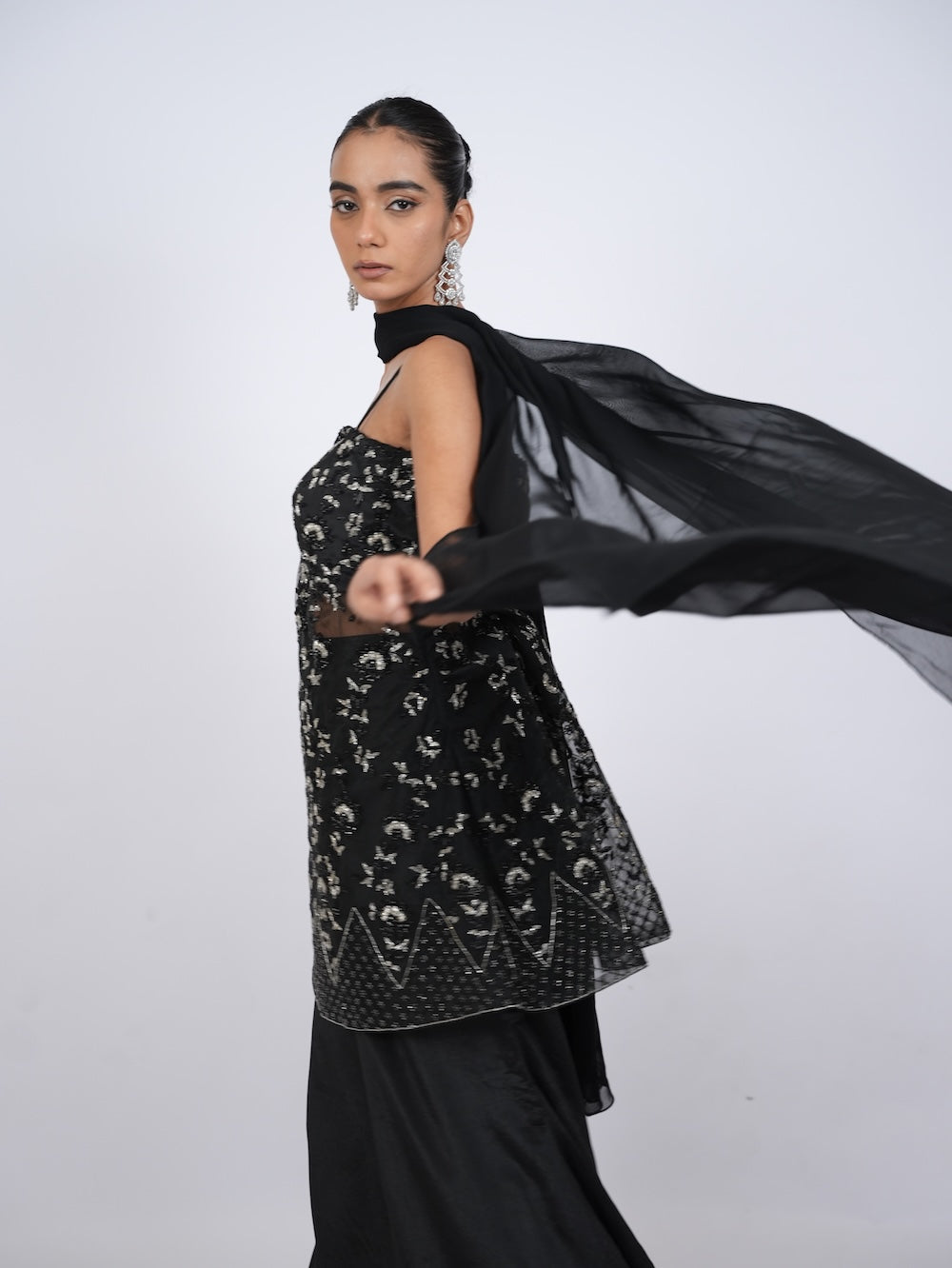 Black Embellished Kurti and Palazzo Set with Dupatta