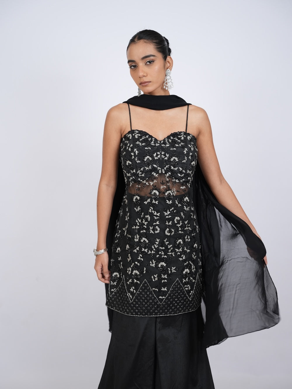 Black Embellished Kurti and Palazzo Set with Dupatta