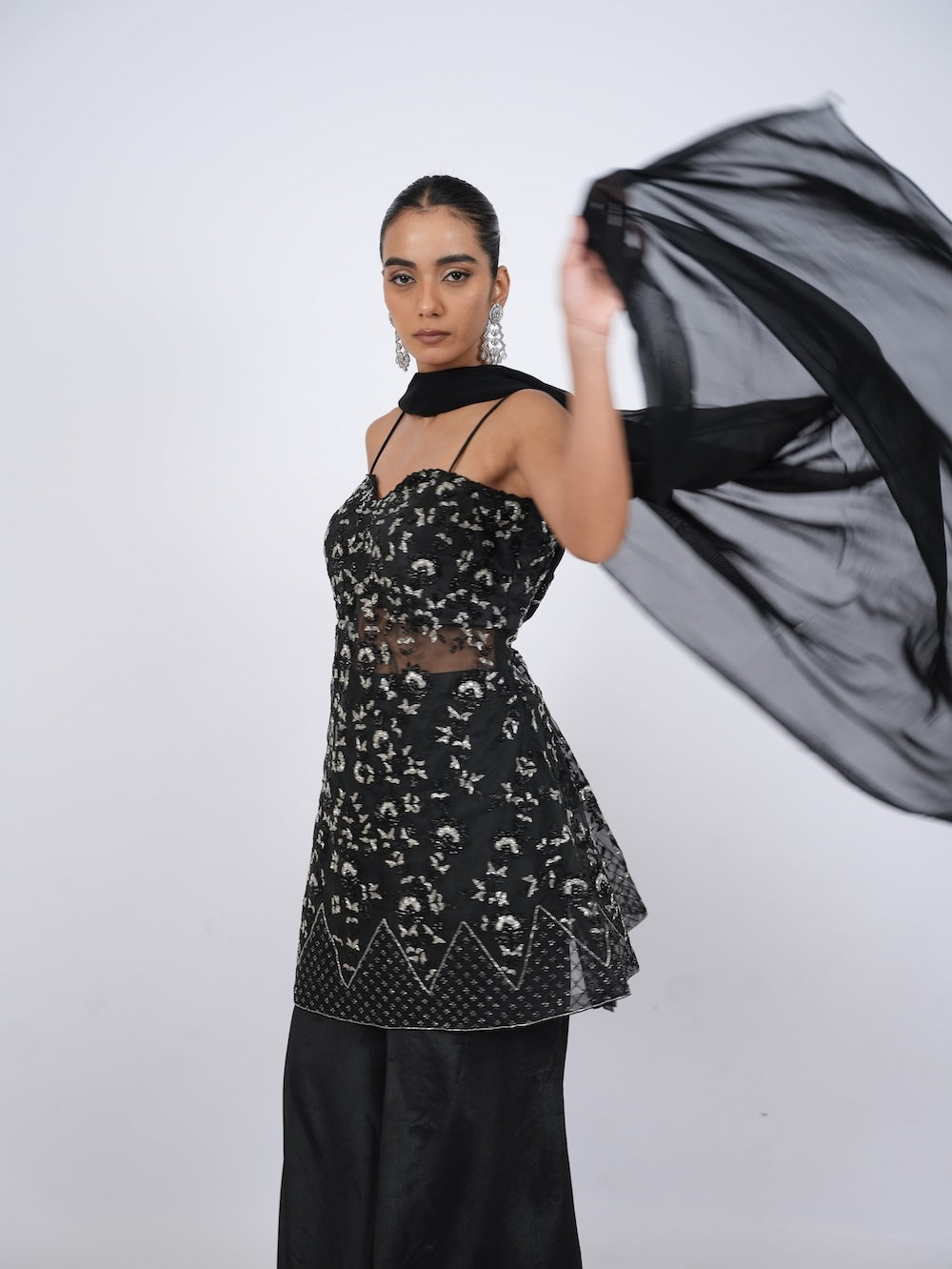 Black Embellished Kurti and Palazzo Set with Dupatta