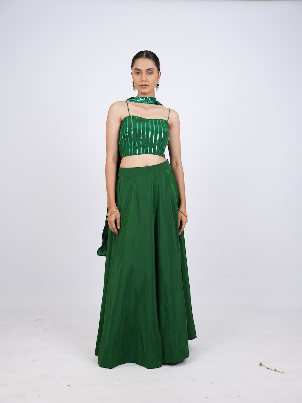 Emerald Green Striped Crop Top and Lehenga Set