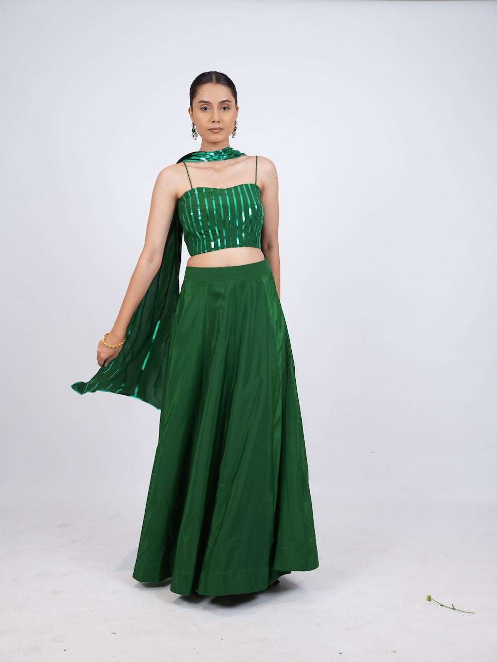 Emerald Green Striped Crop Top and Lehenga Set