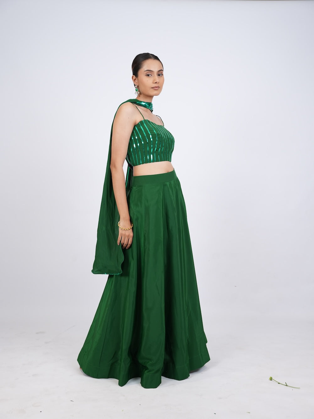 Emerald Green Striped Crop Top and Lehenga Set