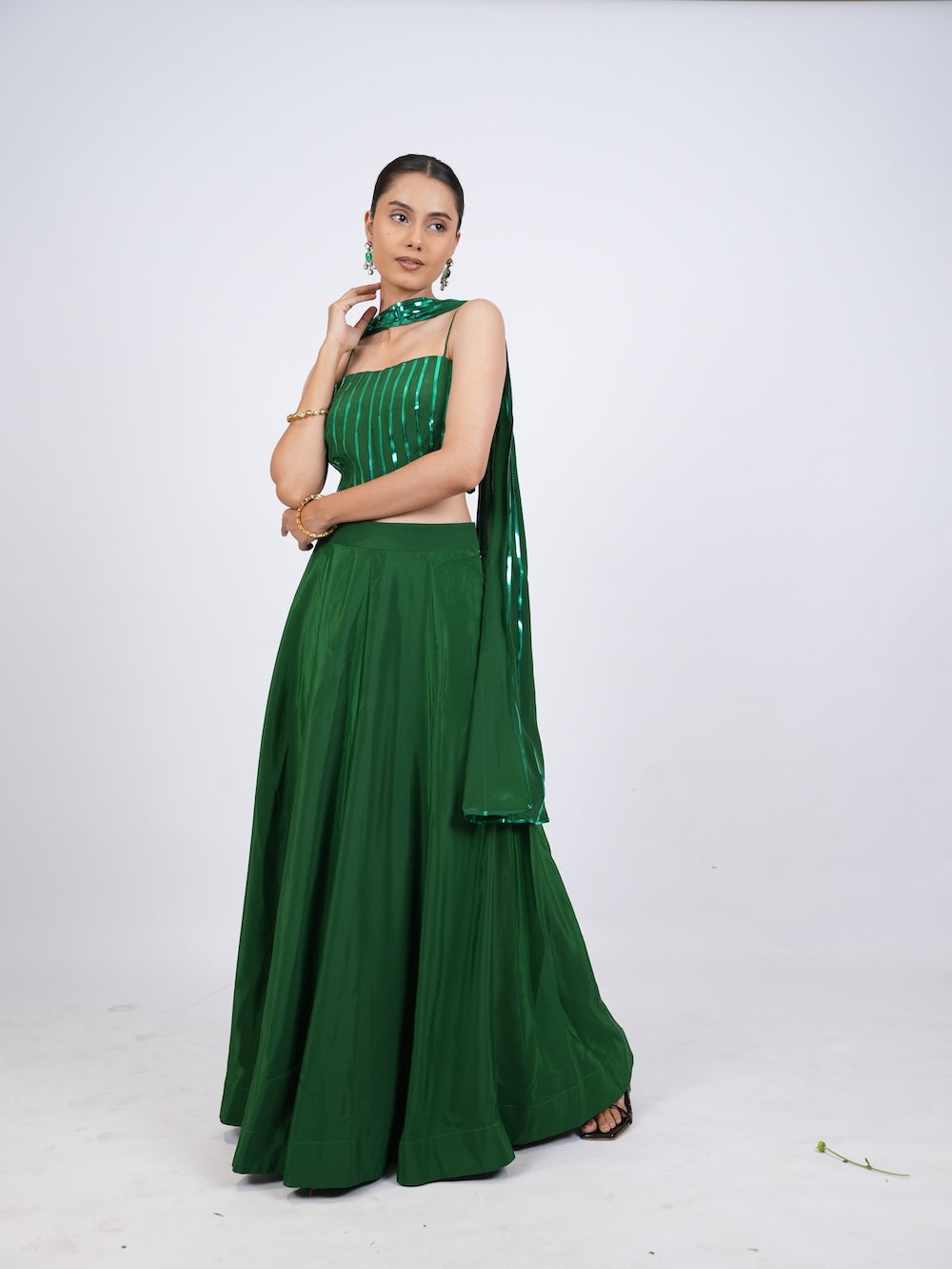 Emerald Green Striped Crop Top and Lehenga Set