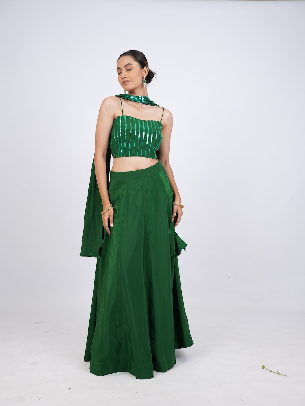 Emerald Green Striped Crop Top and Lehenga Set