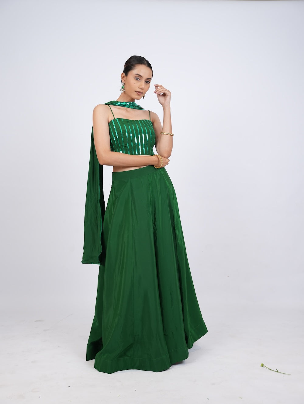 Emerald Green Striped Crop Top and Lehenga Set