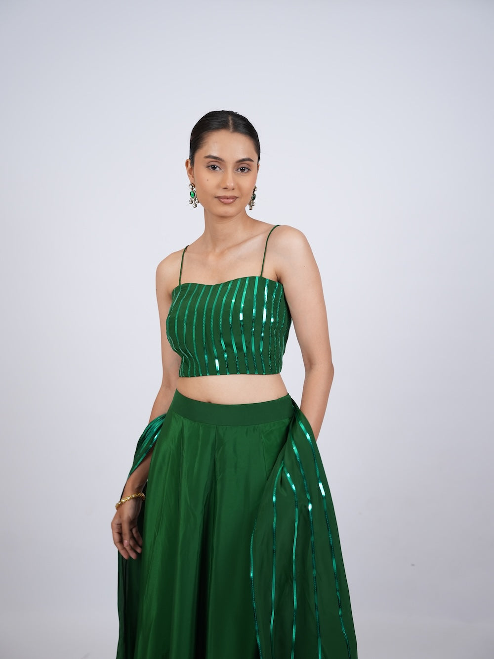 Emerald Green Striped Crop Top and Lehenga Set