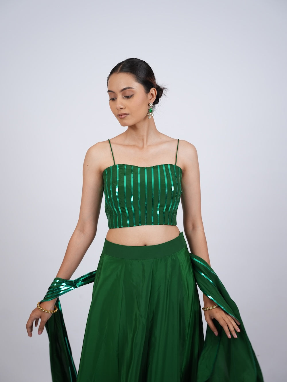Emerald Green Striped Crop Top and Lehenga Set