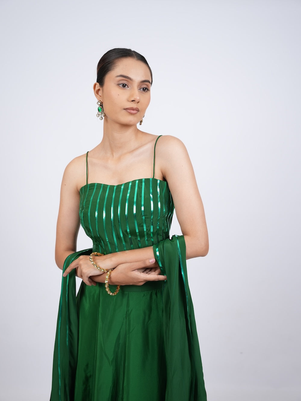 Emerald Green Striped Crop Top and Lehenga Set