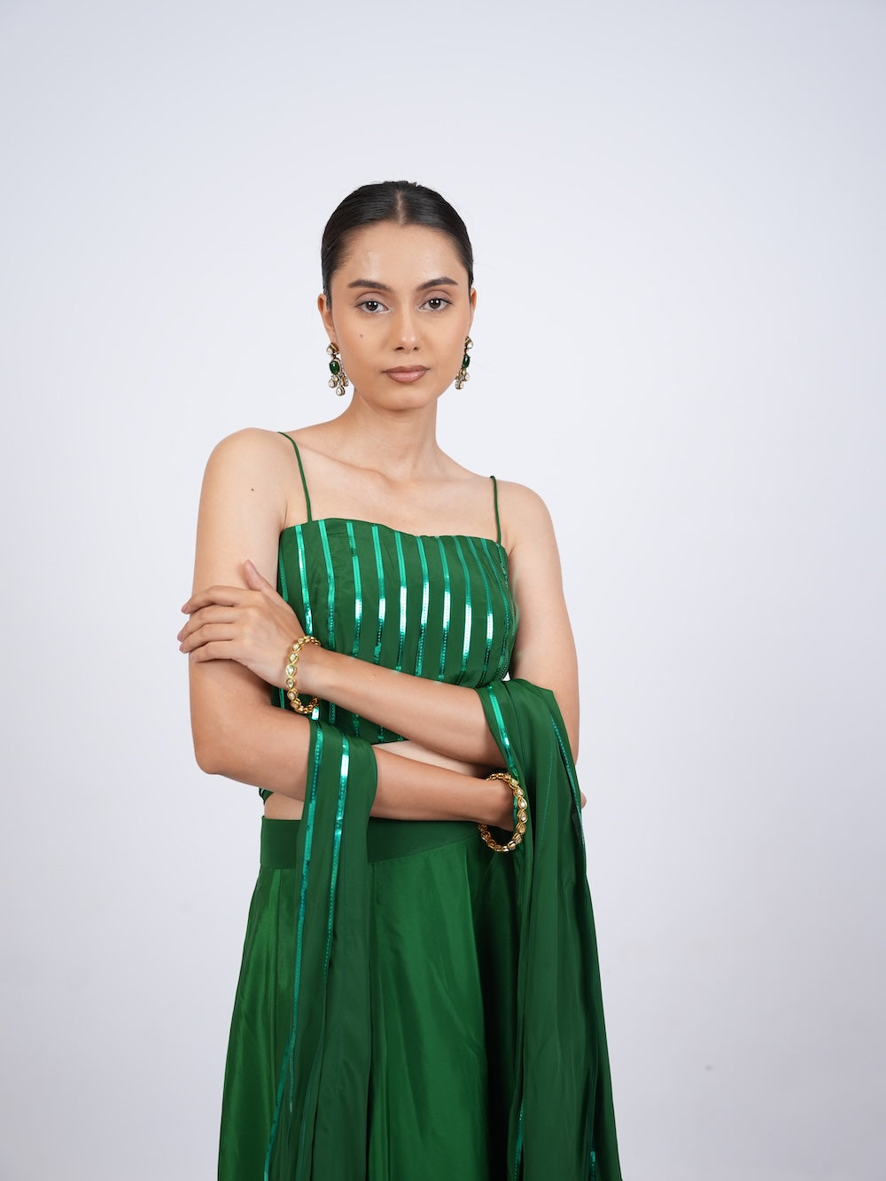 Emerald Green Striped Crop Top and Lehenga Set