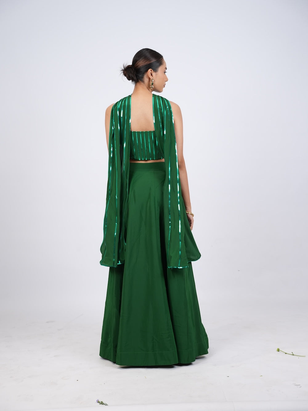 Emerald Green Striped Crop Top and Lehenga Set