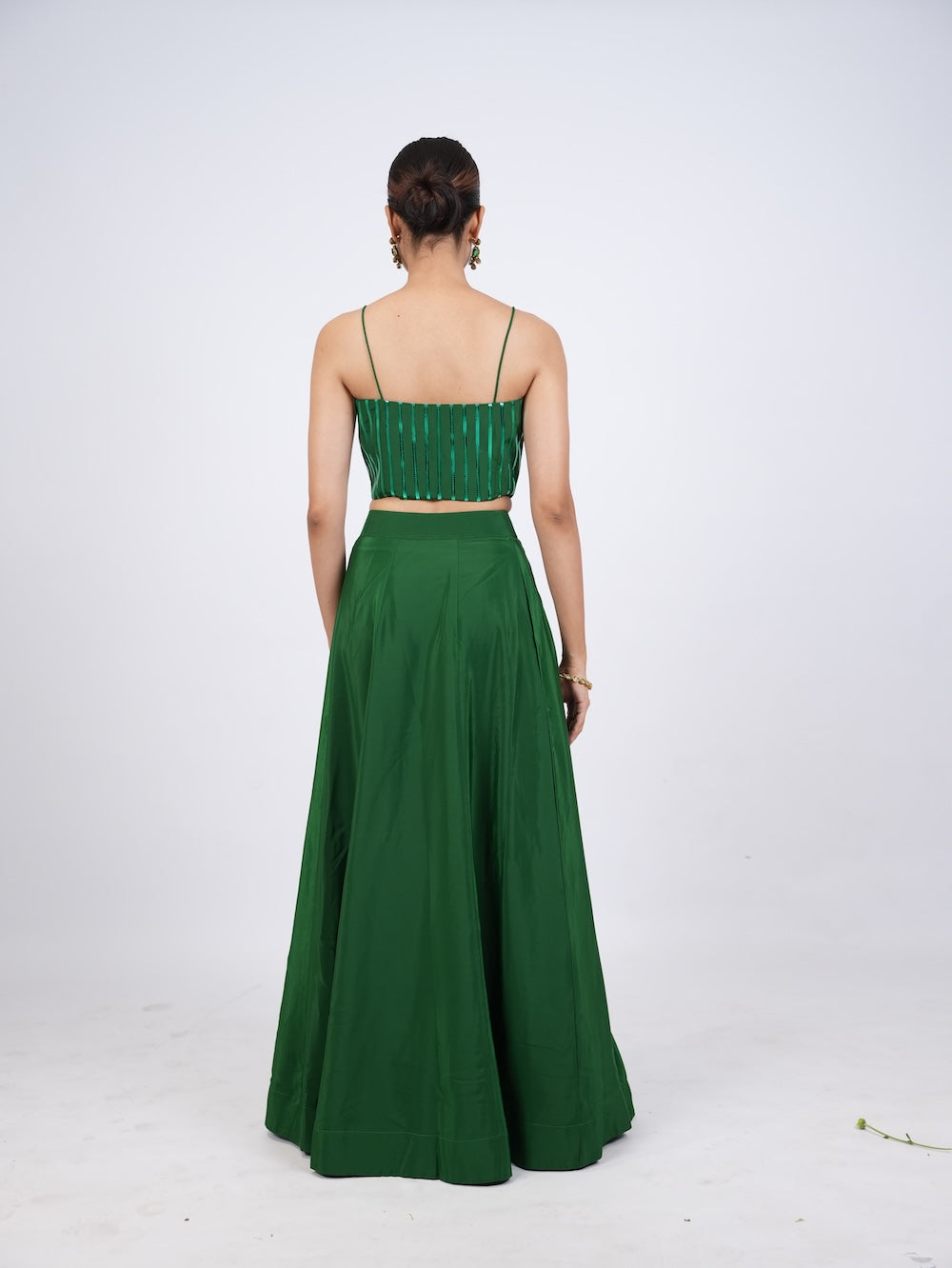 Emerald Green Striped Crop Top and Lehenga Set