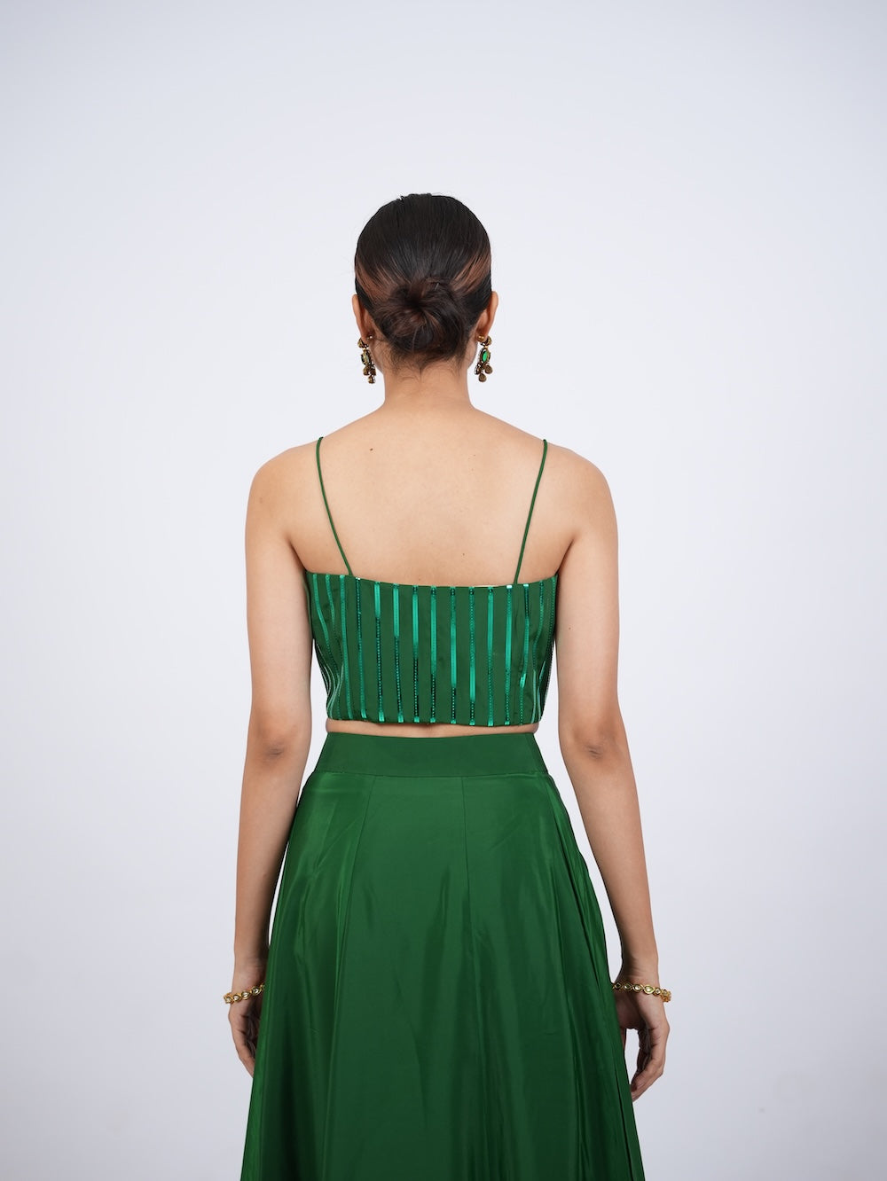 Emerald Green Striped Crop Top and Lehenga Set