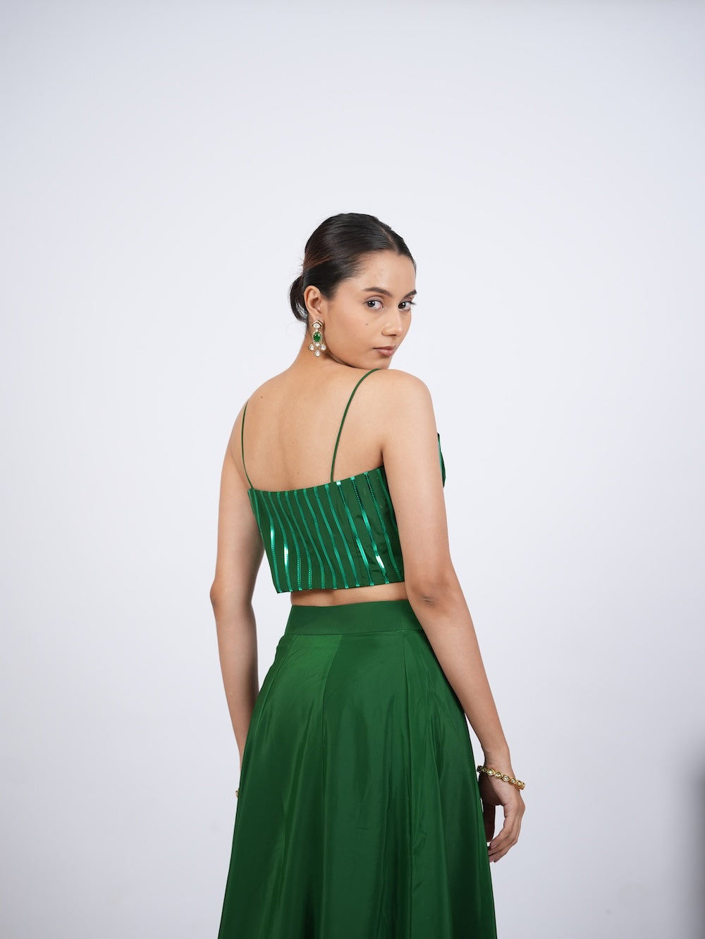 Emerald Green Striped Crop Top and Lehenga Set