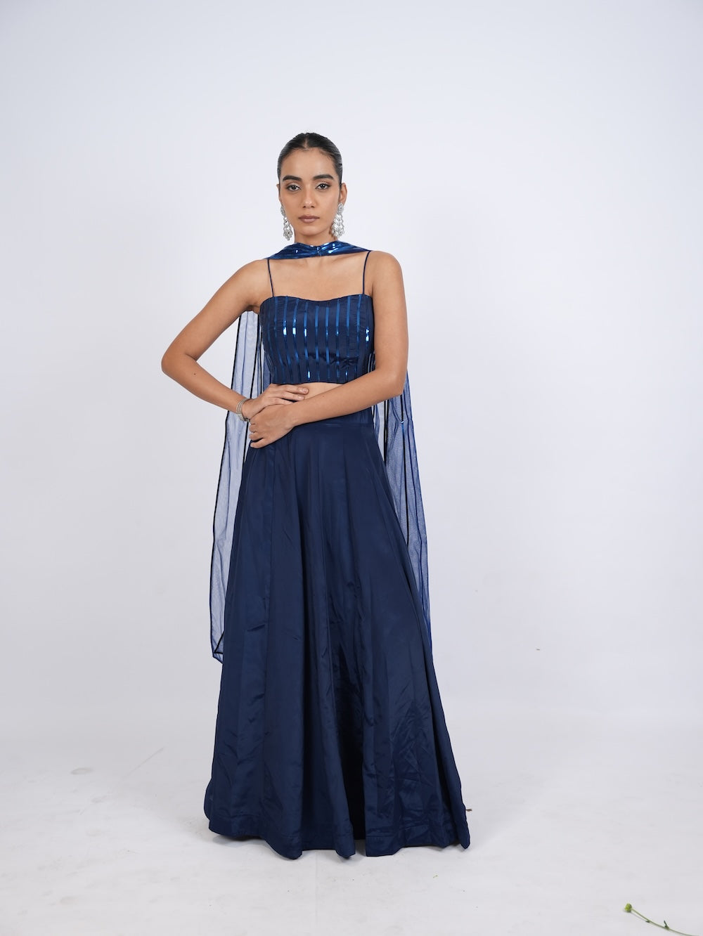 Royal Blue Striped Crop Top and Lehenga Set