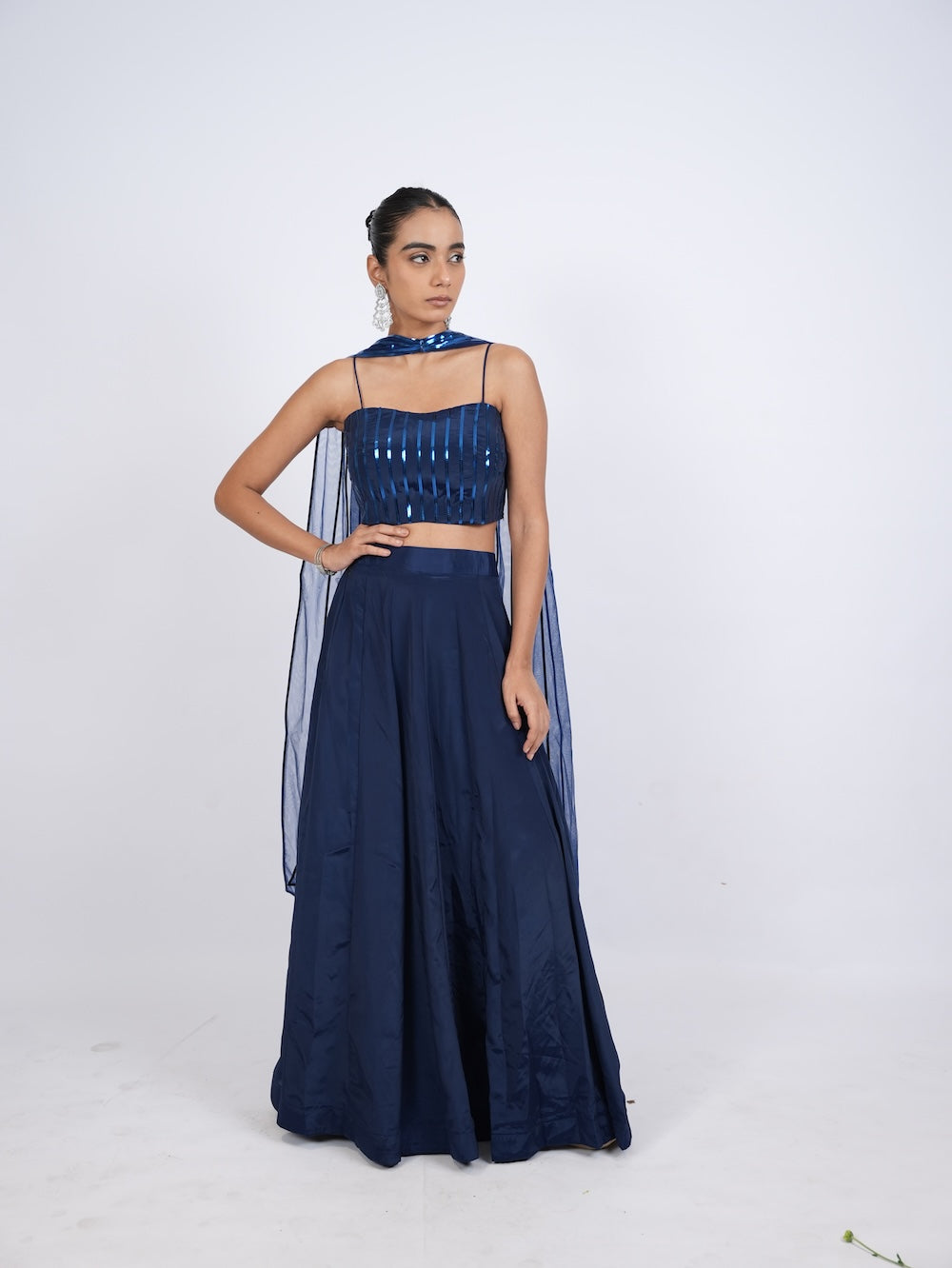 Royal Blue Striped Crop Top and Lehenga Set