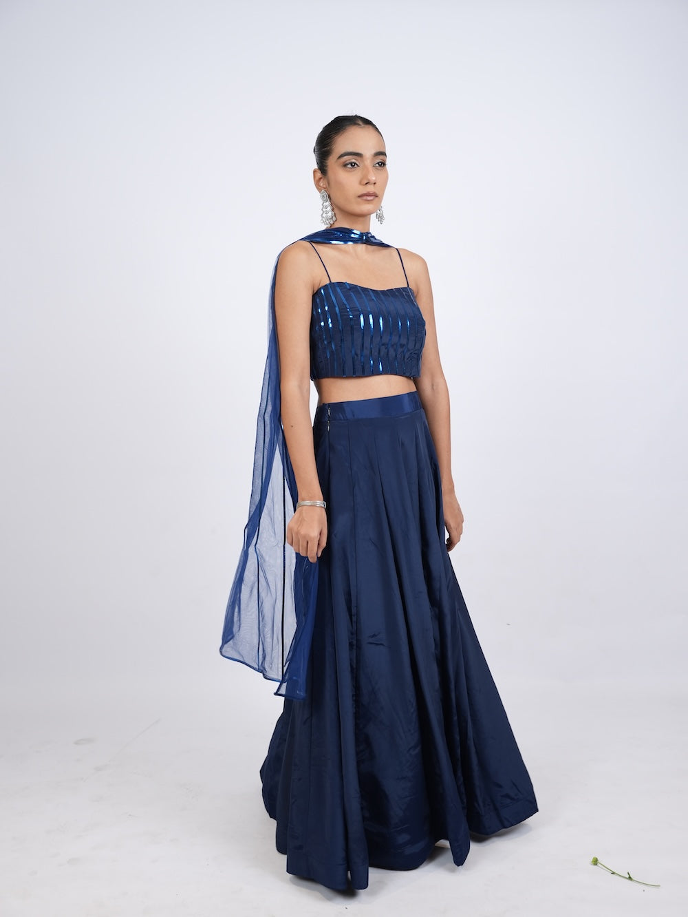 Royal Blue Striped Crop Top and Lehenga Set