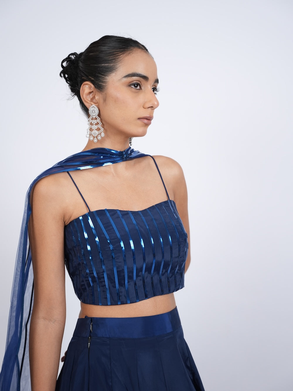 Royal Blue Striped Crop Top and Lehenga Set