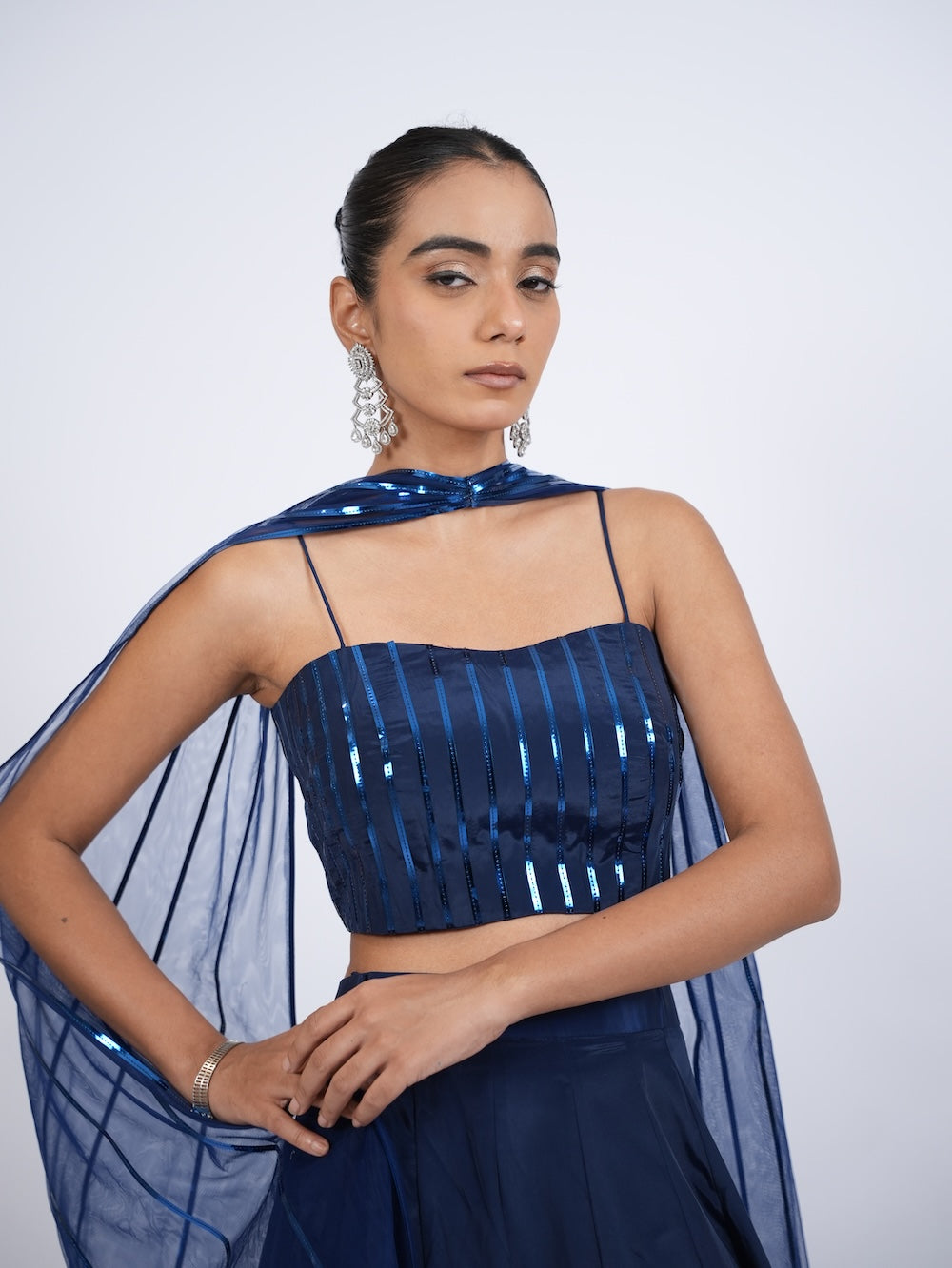Royal Blue Striped Crop Top and Lehenga Set