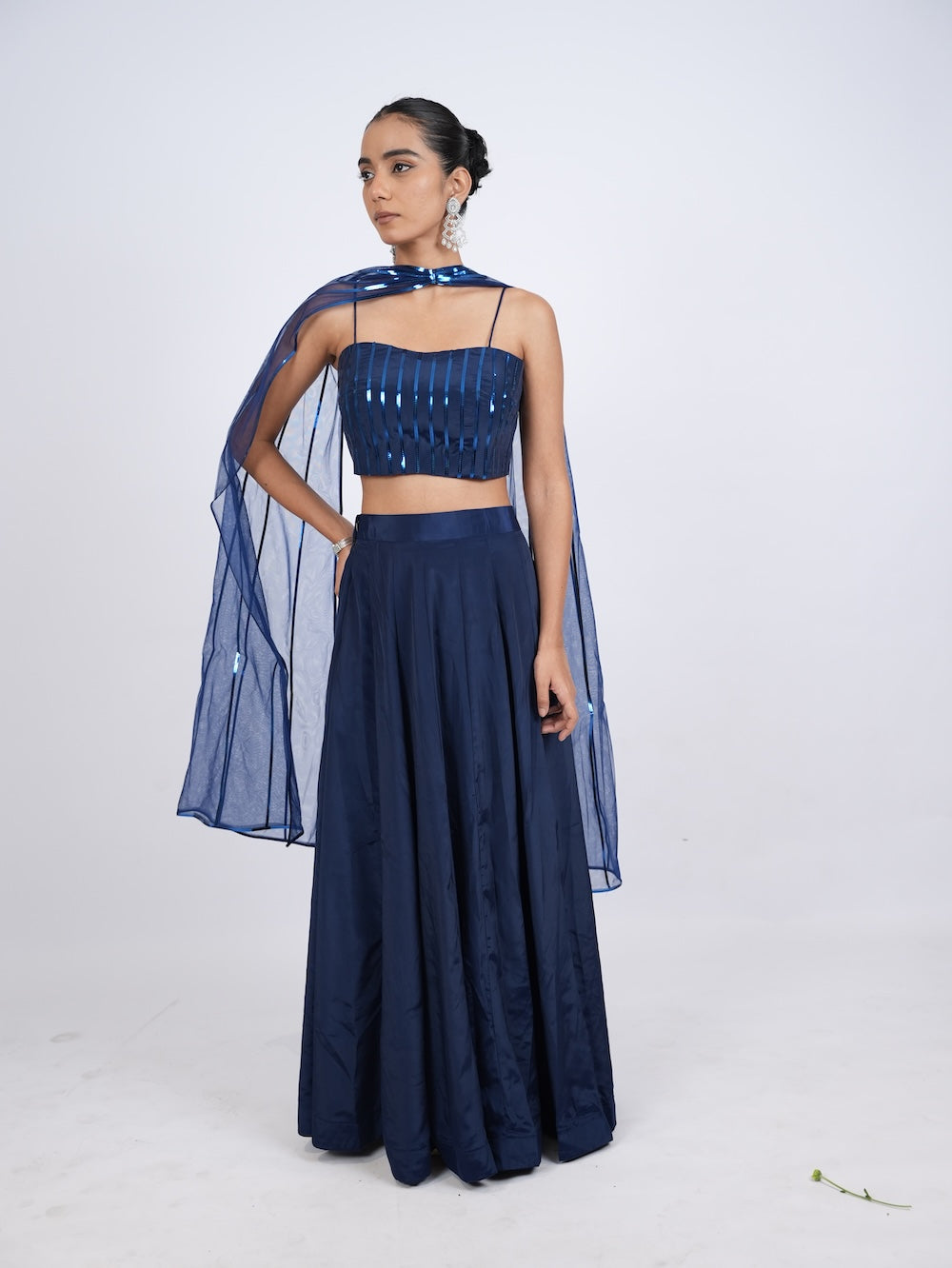 Royal Blue Striped Crop Top and Lehenga Set