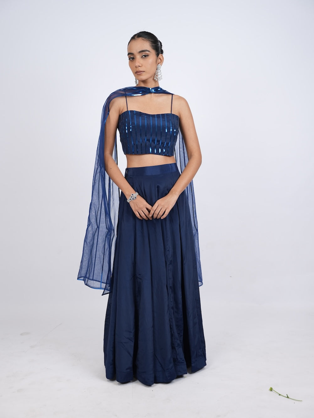 Royal Blue Striped Crop Top and Lehenga Set