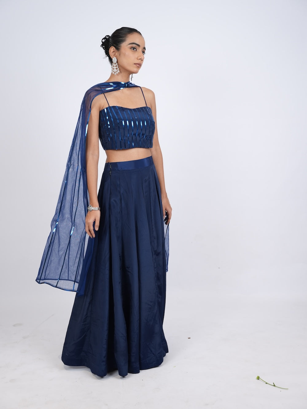 Royal Blue Striped Crop Top and Lehenga Set