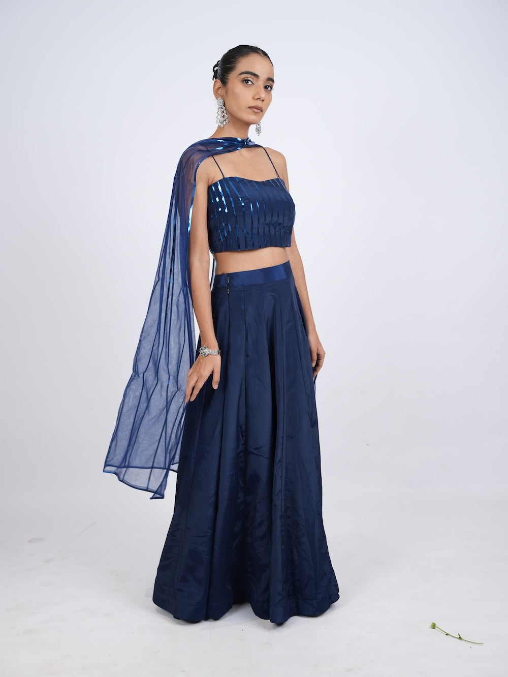 Royal Blue Striped Crop Top and Lehenga Set