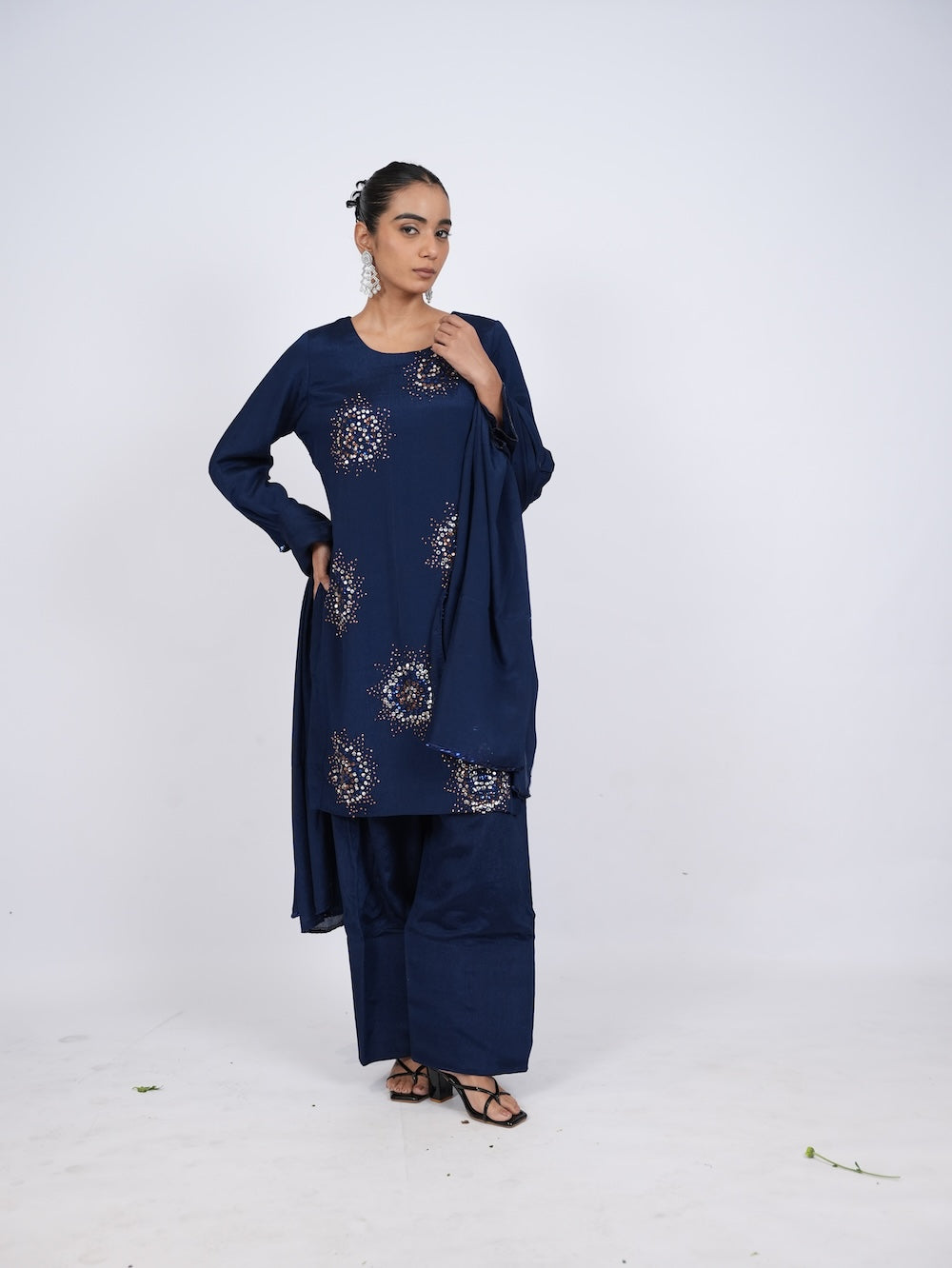 Navy Blue Embellished Kurti and Pant Set