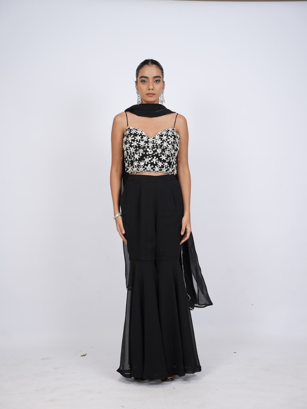 Black & Silver Sequin Embroidered Sharara Set