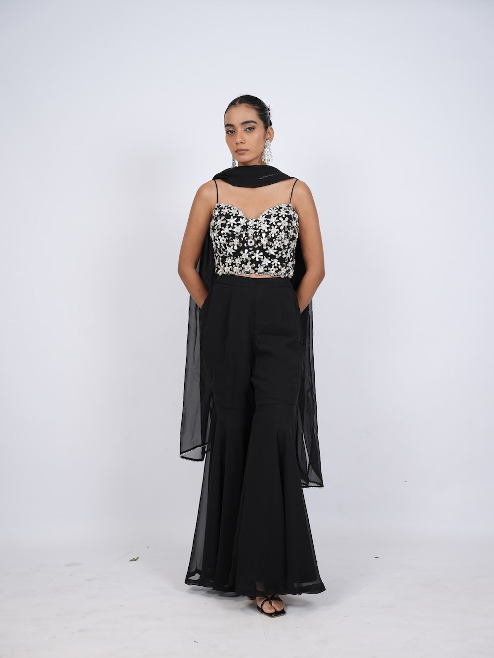 Black & Silver Sequin Embroidered Sharara Set