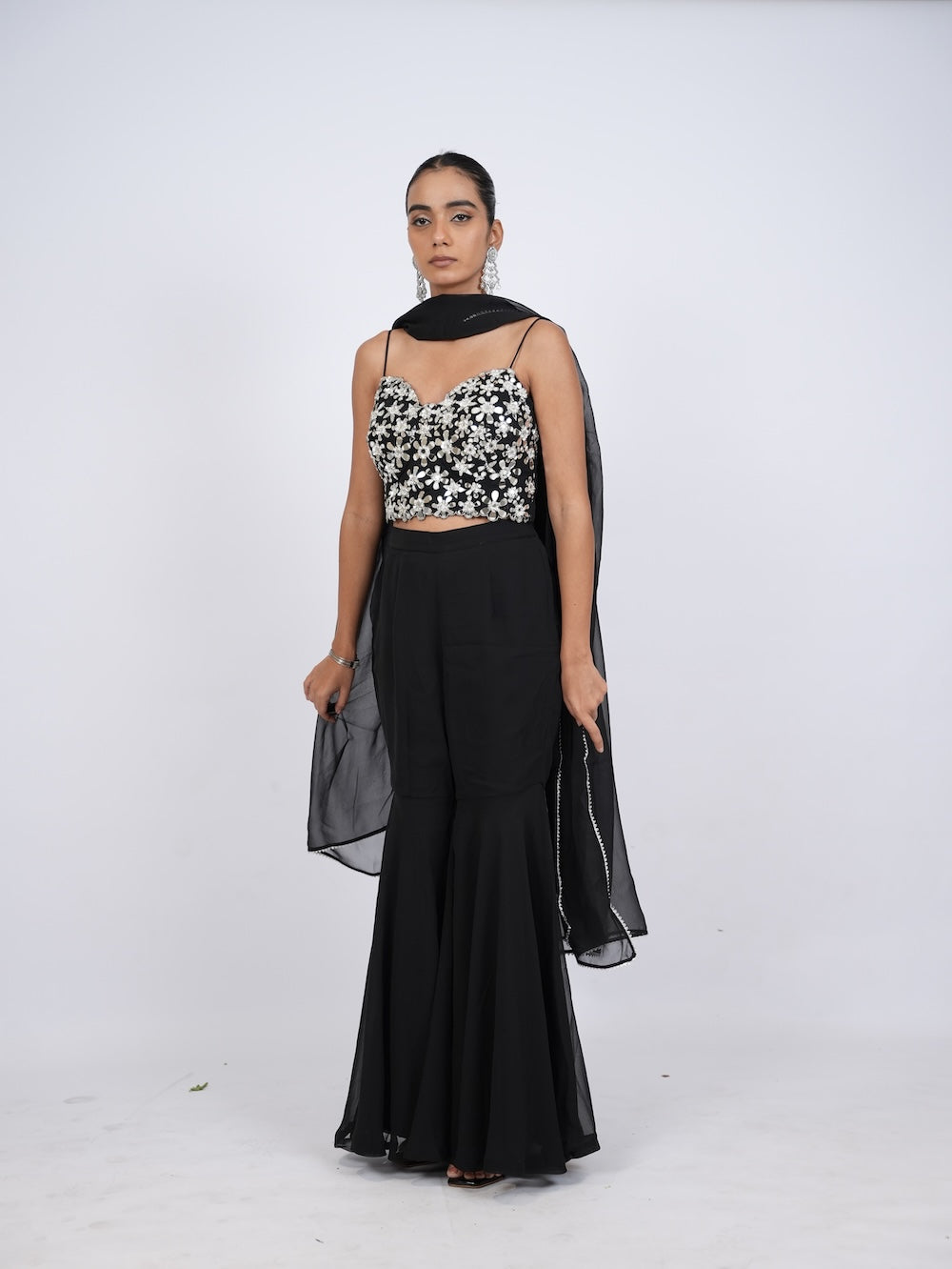 Black & Silver Sequin Embroidered Sharara Set