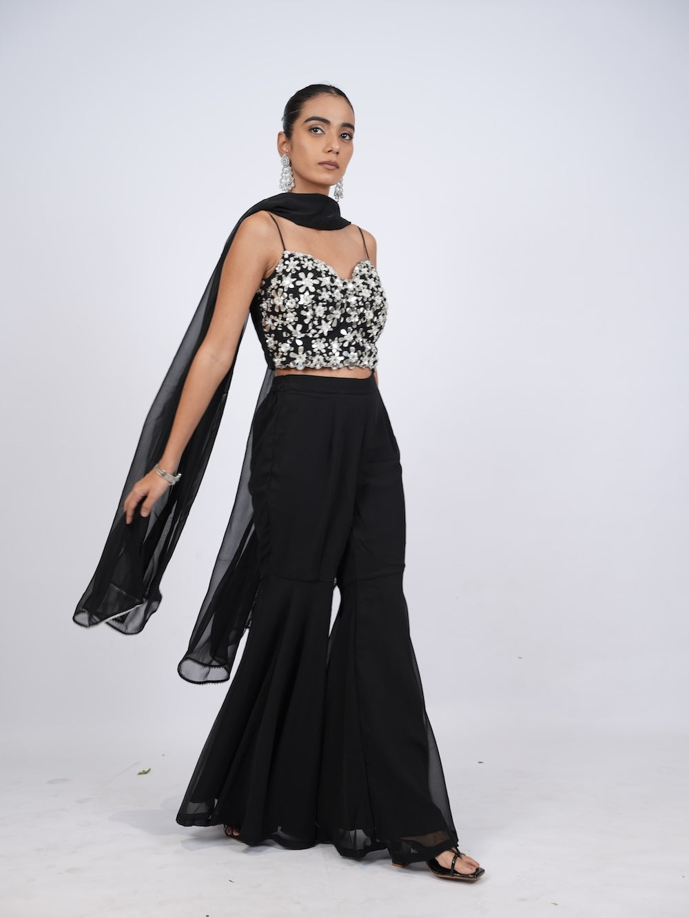 Black & Silver Sequin Embroidered Sharara Set