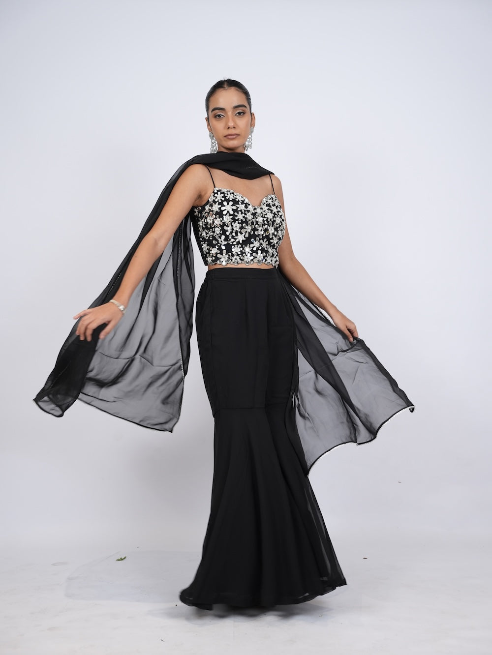 Black & Silver Sequin Embroidered Sharara Set