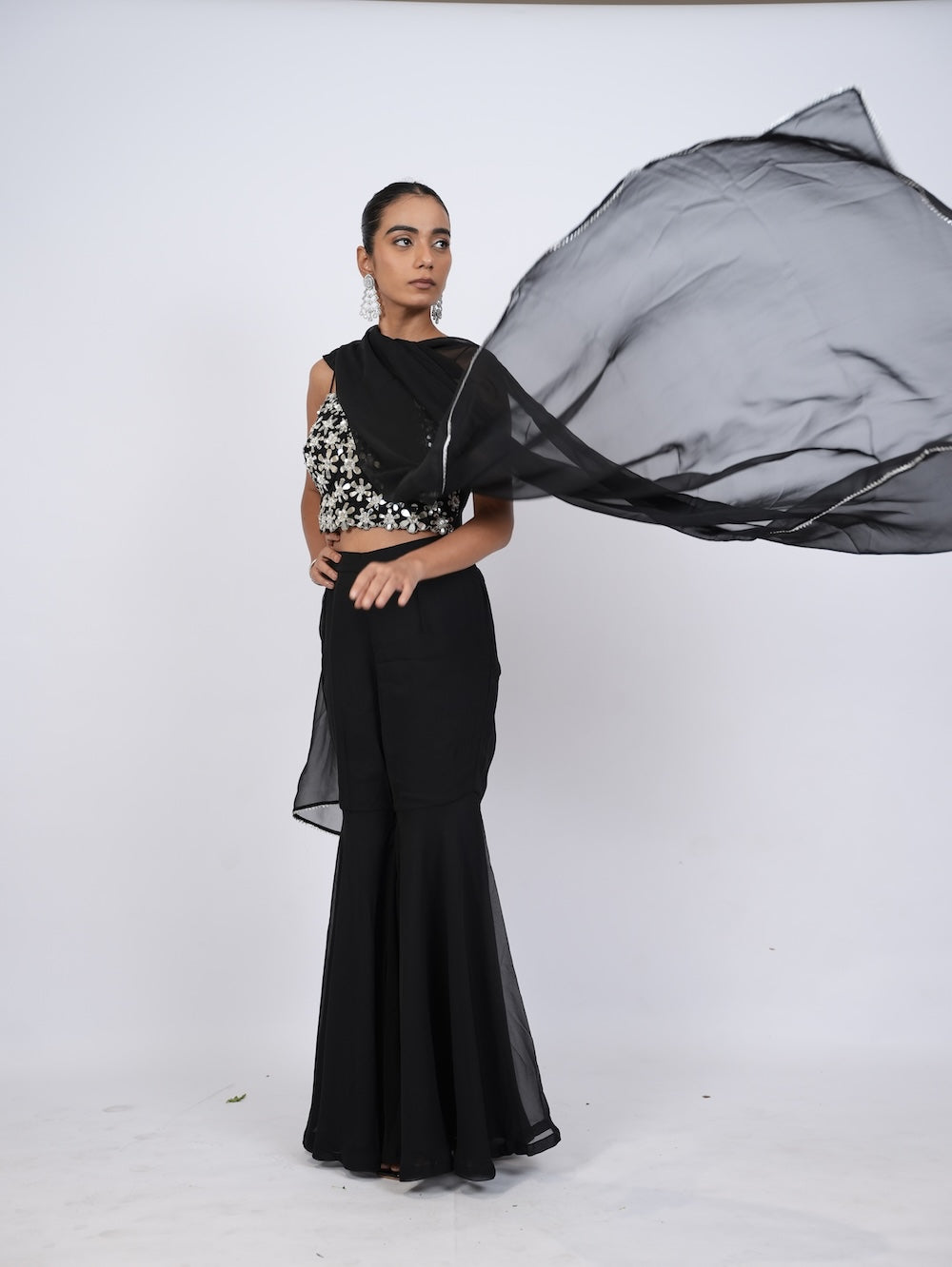 Black & Silver Sequin Embroidered Sharara Set