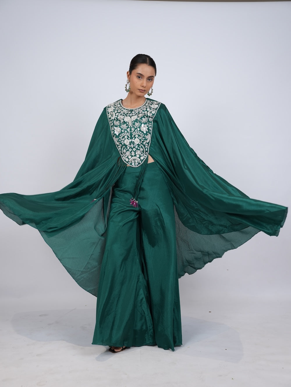Emerald Green Embroidered Indo-Western Cape