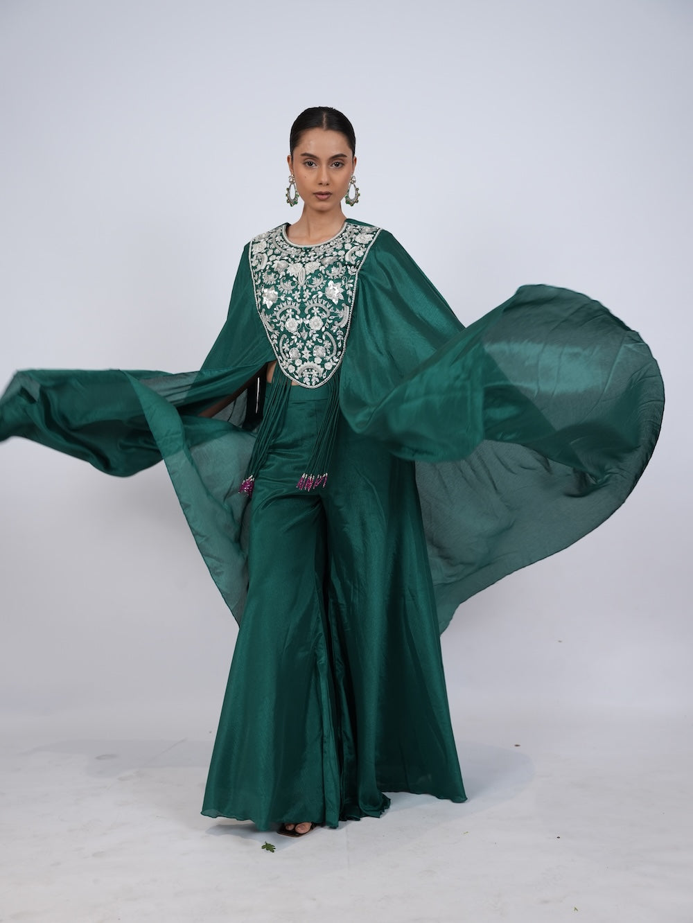Emerald Green Embroidered Indo-Western Cape