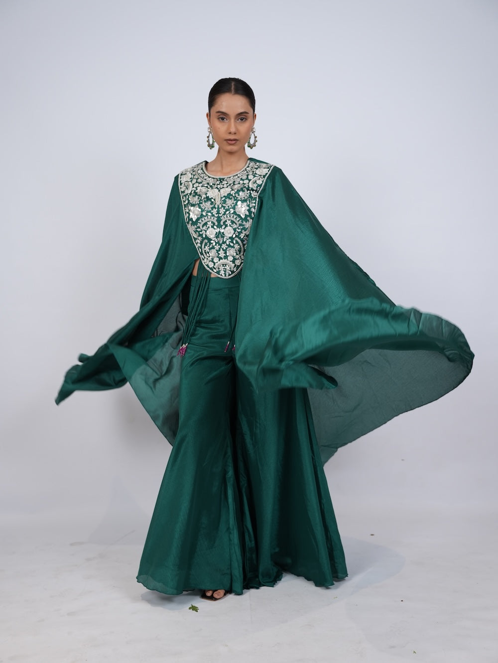 Emerald Green Embroidered Indo-Western Cape