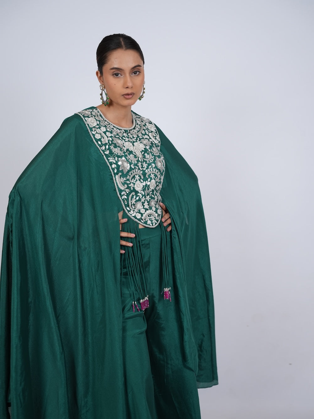 Emerald Green Embroidered Indo-Western Cape