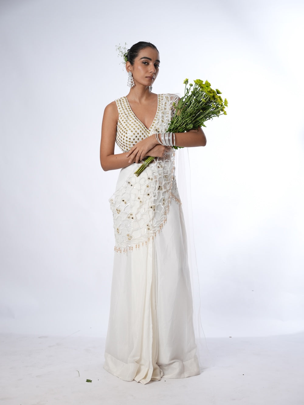 Ivory Embroidered Indo-Western Draped Saree Set