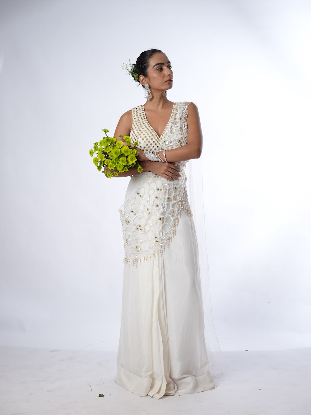 Ivory Embroidered Indo-Western Draped Saree Set