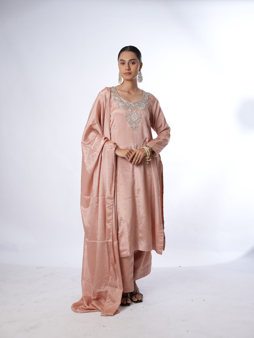 Peach Embroidered Kurti and Pant Set with Dupatta