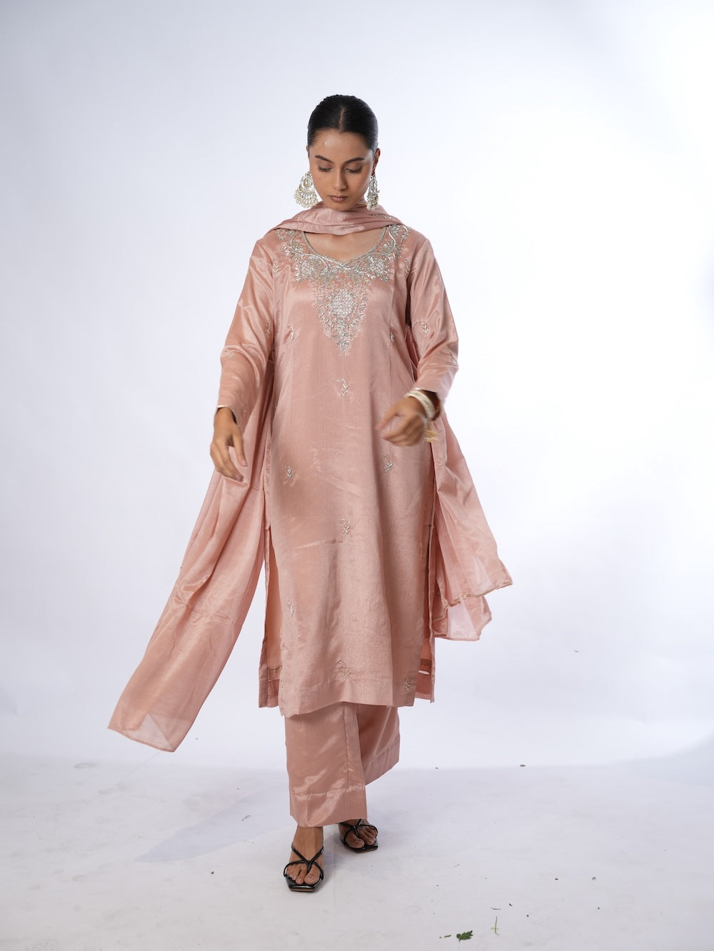Peach Embroidered Kurti and Pant Set with Dupatta