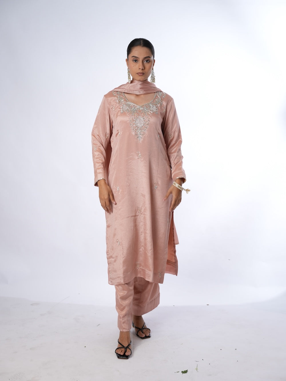 Peach Embroidered Kurti and Pant Set with Dupatta