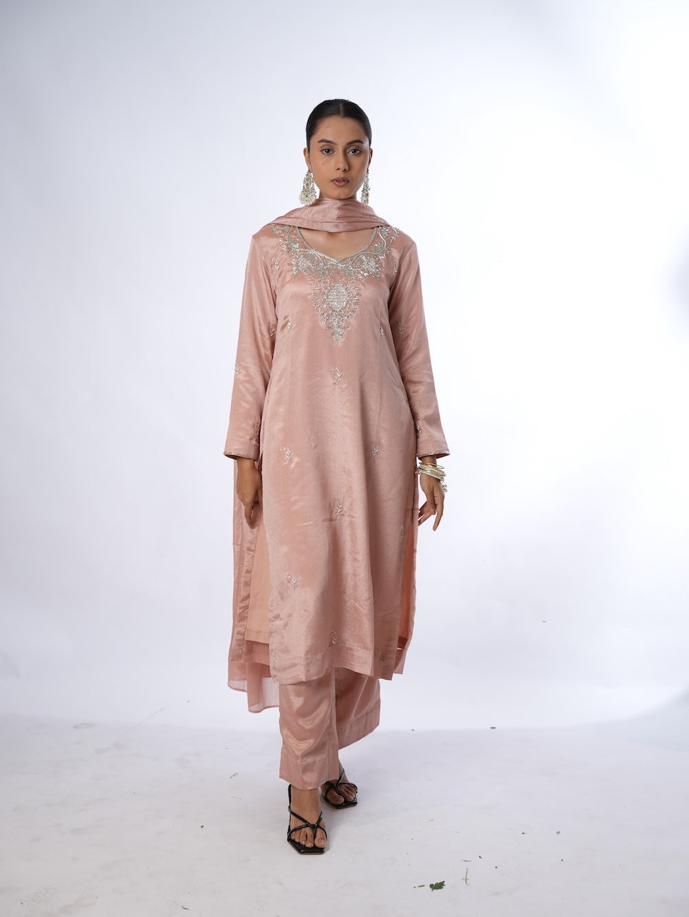 Peach Embroidered Kurti and Pant Set with Dupatta
