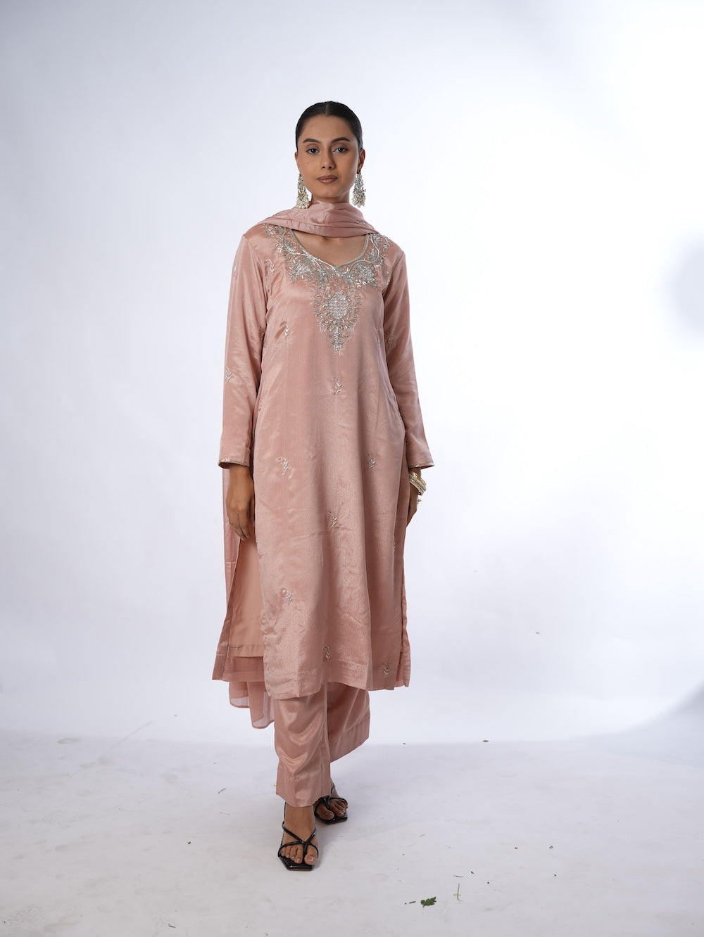 Peach Embroidered Kurti and Pant Set with Dupatta