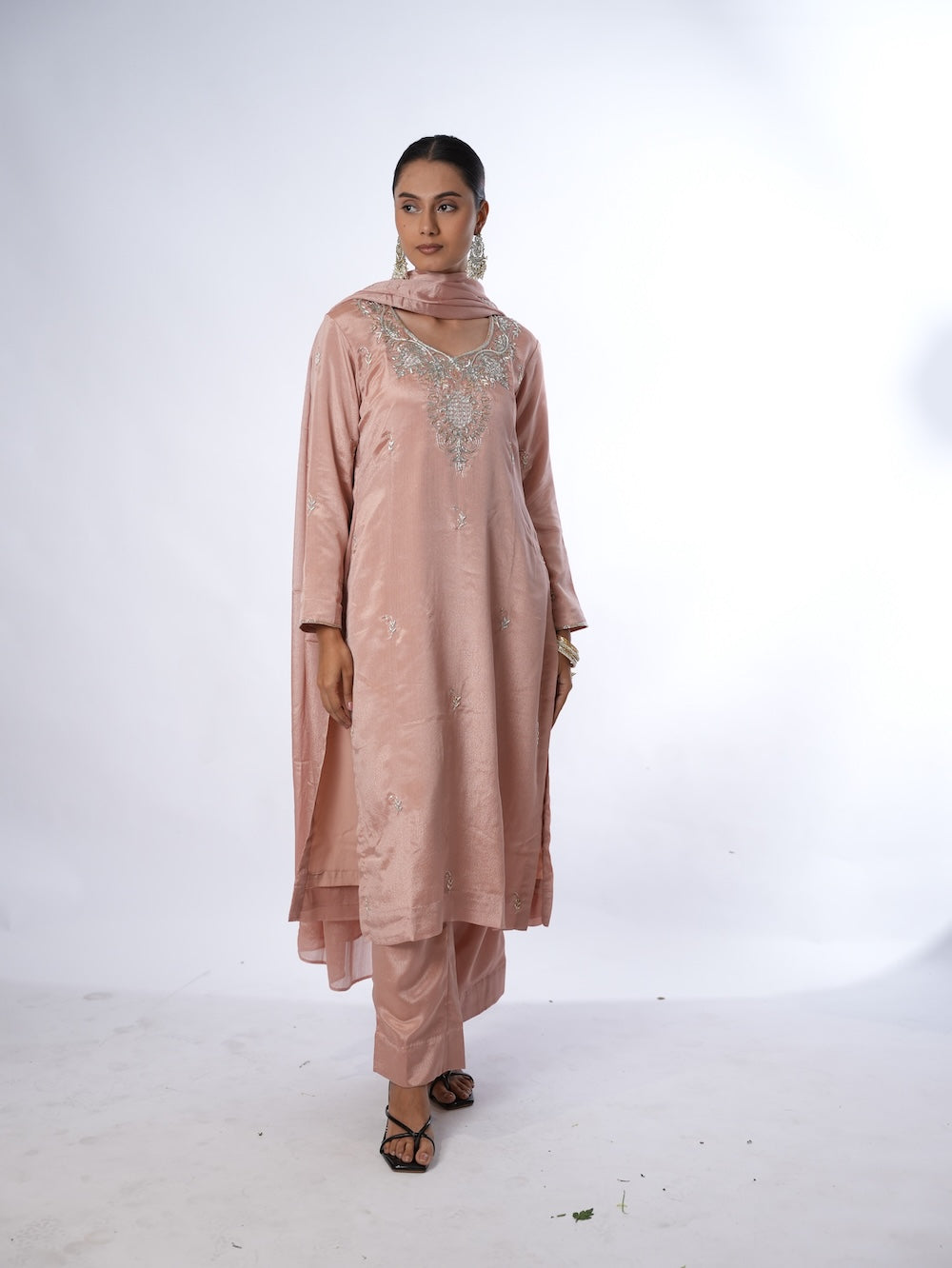 Peach Embroidered Kurti and Pant Set with Dupatta