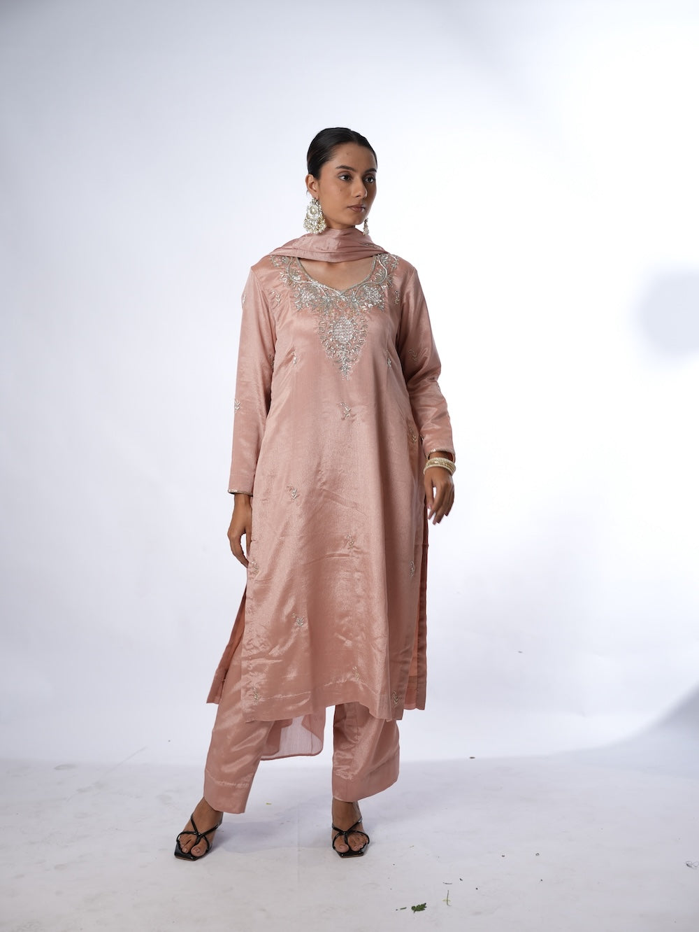 Peach Embroidered Kurti and Pant Set with Dupatta