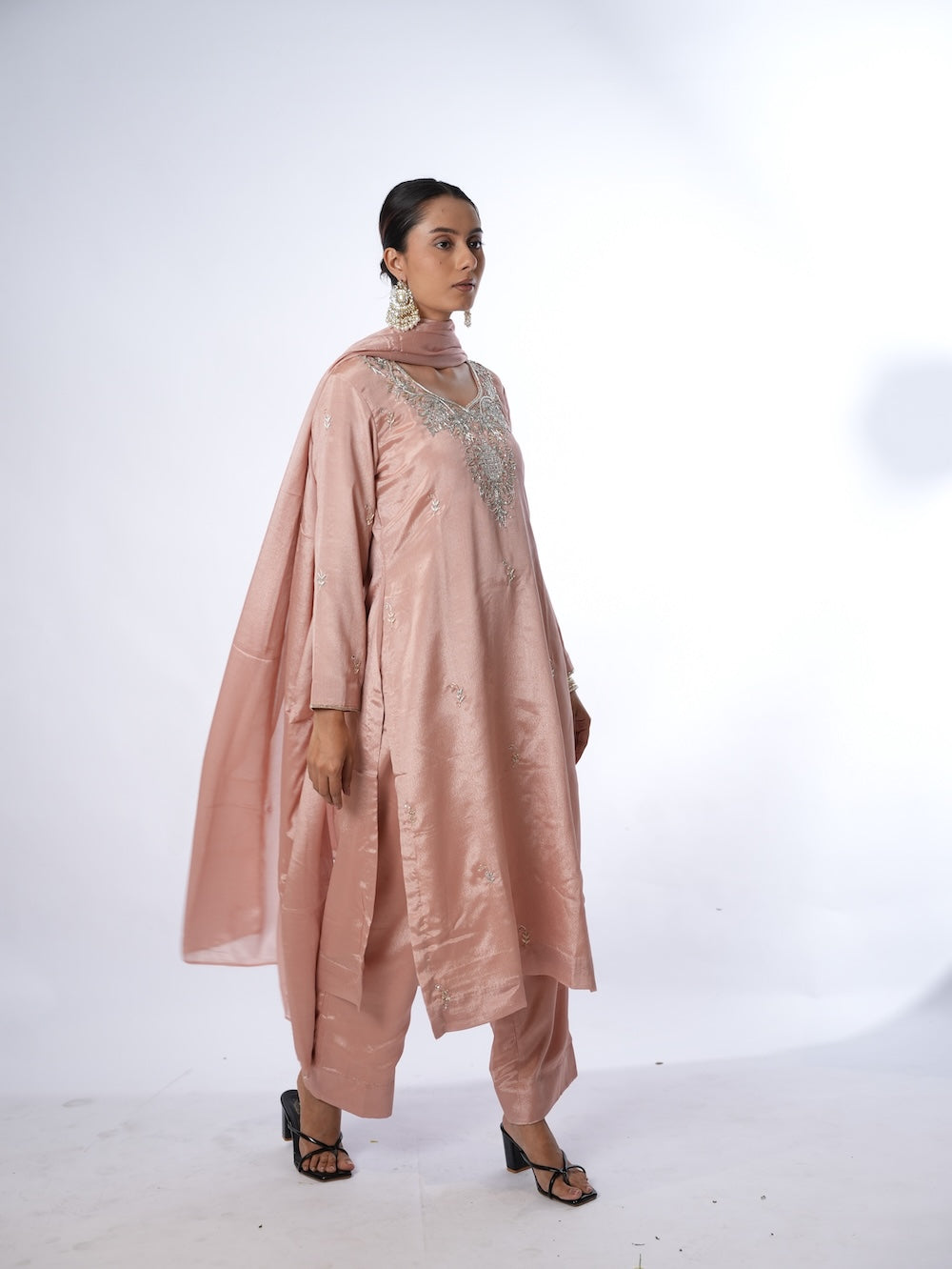 Peach Embroidered Kurti and Pant Set with Dupatta