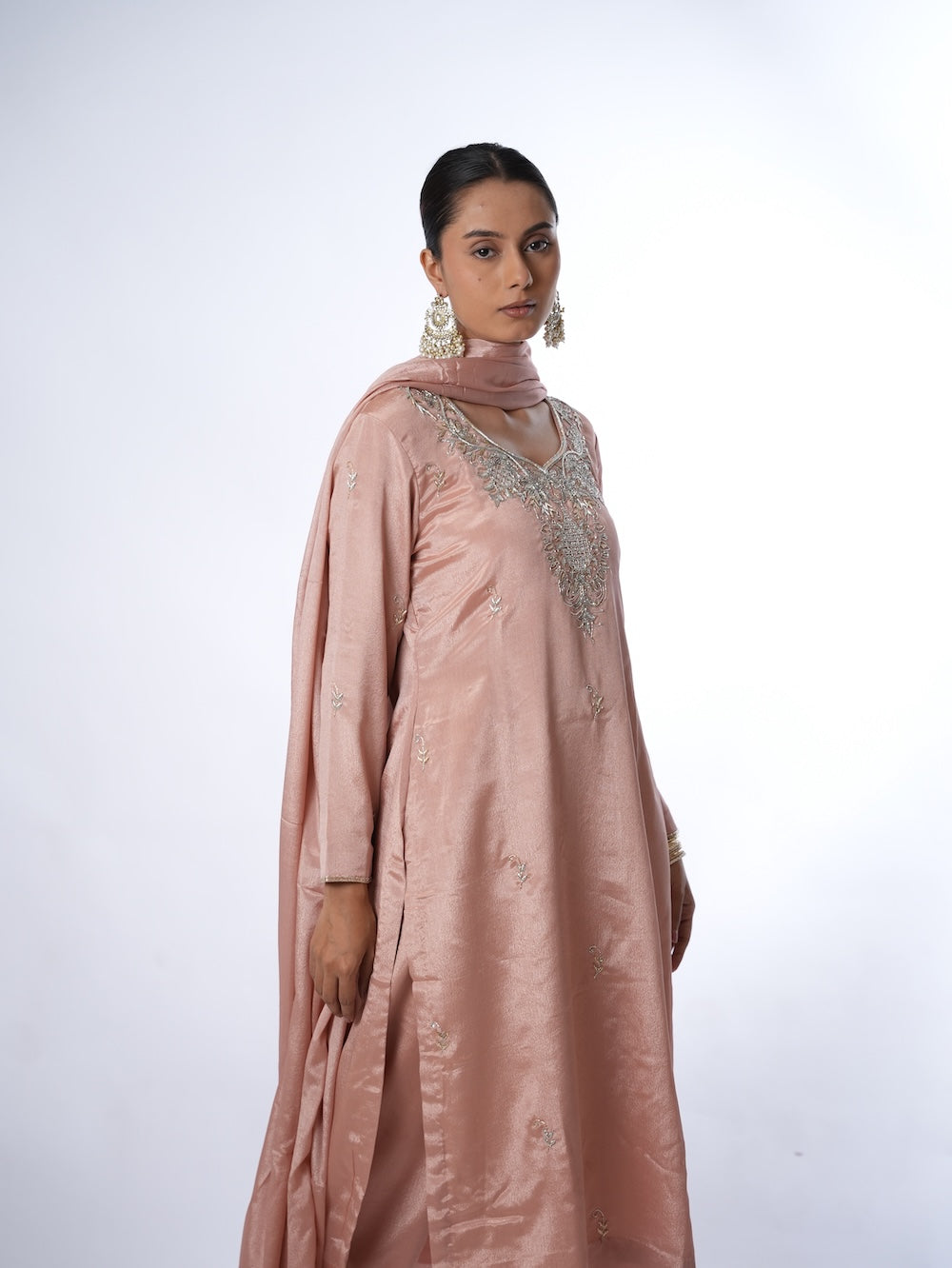 Peach Embroidered Kurti and Pant Set with Dupatta
